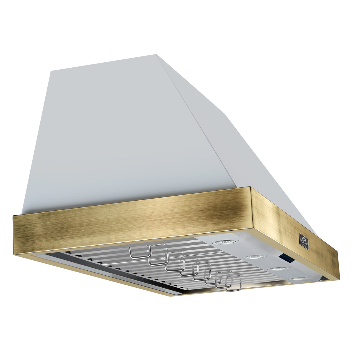 Forno Vittorio 48-Inch Wall-Mount Range Hood, 600 CFM, White with Antique Brass Trim, Remote Control (Model FRHWM5078-48WHT)