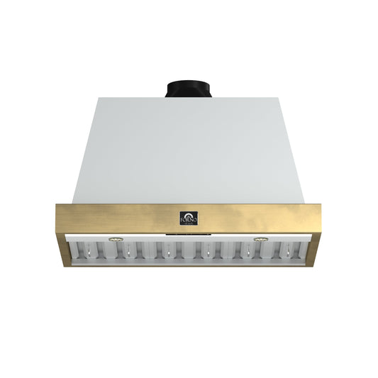 Forno Vittorio 36-Inch Wall-Mount Range Hood, 600 CFM, White with Antique Brass Trim, Remote Control (Model FRHWM5078-36WHT)