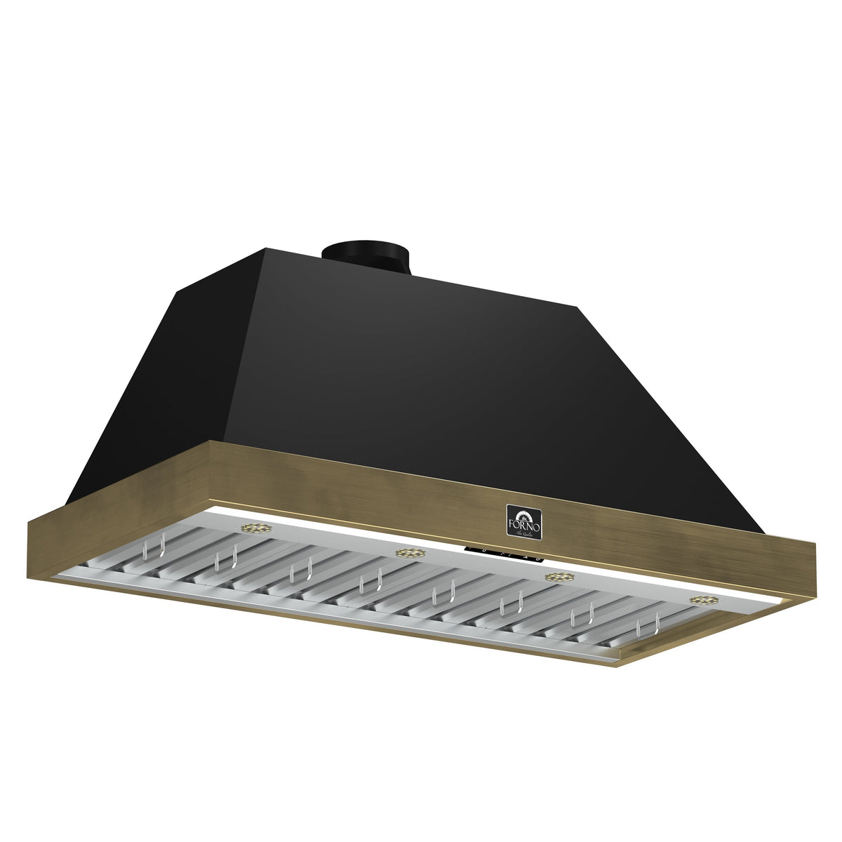 FORNO Vittorio 48-Inch Wall-Mount Range Hood, 600 CFM, Black with Antique Brass Trim, Remote Control (Model FRHWM5078-48BLK)