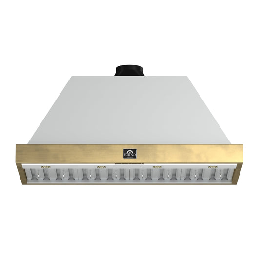 Forno Vittorio 48-Inch Wall-Mount Range Hood, 600 CFM, White with Antique Brass Trim, Remote Control (Model FRHWM5078-48WHT)