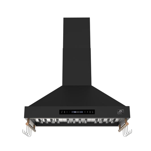 Forno Venezia 36-Inch Wall-Mount Range Hood, 370 CFM, Ducted Vent, Touch Controls, LED Lighting, Black with Antique Brass Accents (Model FRHWM5503-36BLK)