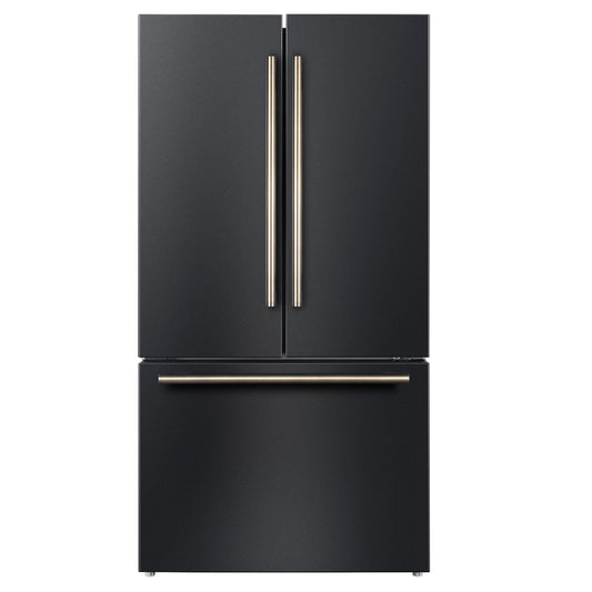 Forno Rivello 36-Inch French Door Refrigerator, Standard Depth, Water & Ice Dispenser, Black with Antique Brass Accents (Model FFFFD1783-36BLK)