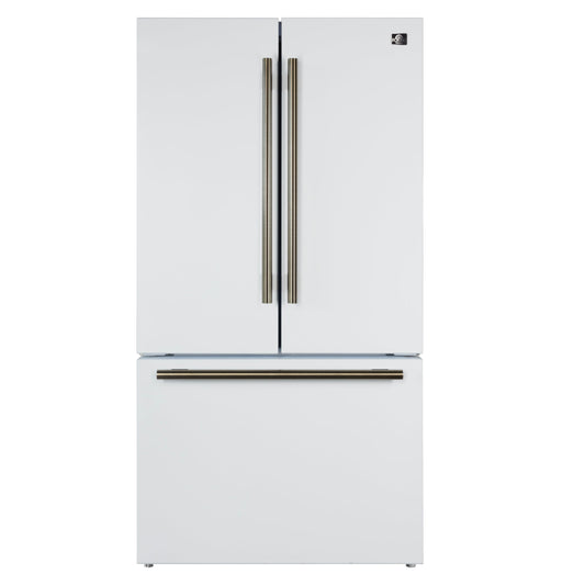 FORNO Rivello 36 in French Door Refrigerator, Standard Depth, Water & Ice Dispenser, White with Antique Brass Handles (Model FFFFD1783-36WHT)