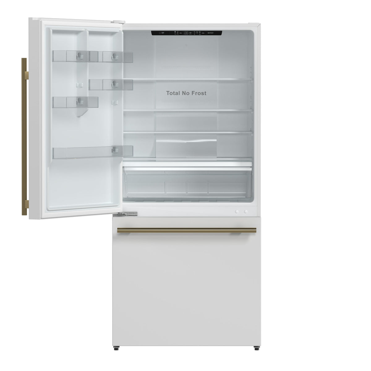 Forno Espresso Milano 31-Inch French Door Refrigerator with Bottom Freezer, 17.2 cu. ft., Left Swing, Ice Maker, White Finish with Antique Brass Handles (Model FFFFD1786-31WHT)