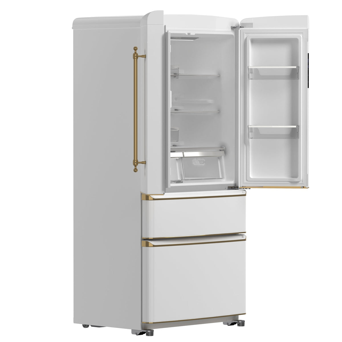 Forno Espresso Luigi 33-Inch French Door Refrigerator, 18 cu. ft., White, Antique Brass Handles, Model FFFFD1791-33WHT