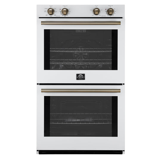 FORNO Espresso Vomero 30-Inch Electric Double Wall Oven, 10.0 cu. ft., White with Antique Brass Accents (FBOEL1324-30WHT)