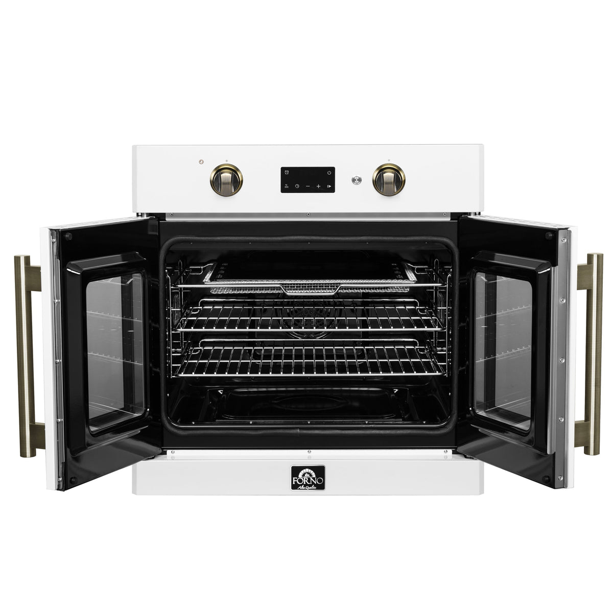 FORNO Asti 30-Inch Electric Wall Oven, 3.58 cu ft, French Door, Air Fry, Sous Vide, Self-Clean, White with Antique Brass Accents (FBOEL1333-30WHT)