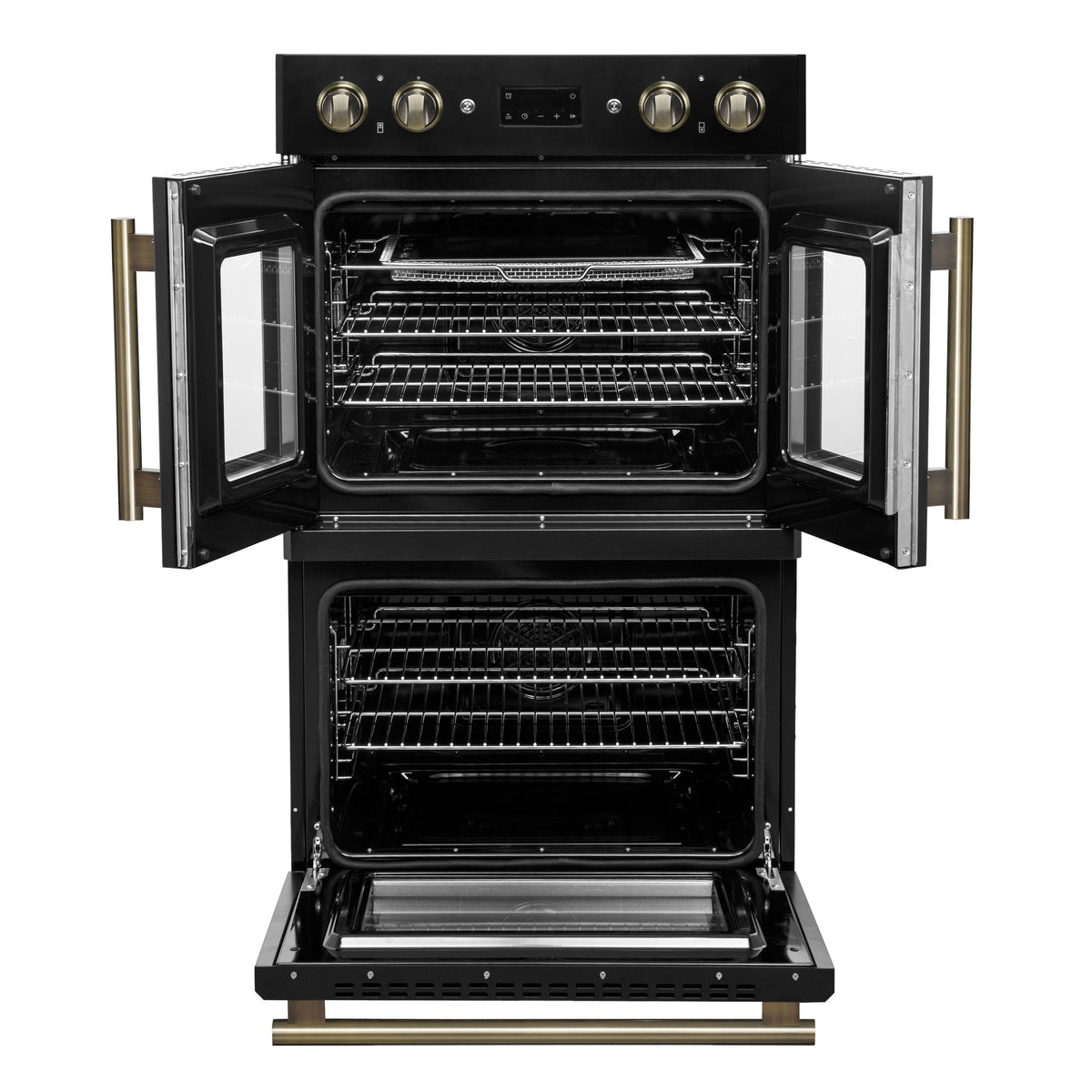 FORNO Asti 30-Inch Double Electric Wall Oven, 7.36 Cu. Ft., French Door, Air Fry, Self-Clean, Sous Vide, Black with Antique Brass Accents (FBOEL1340-30BLK)