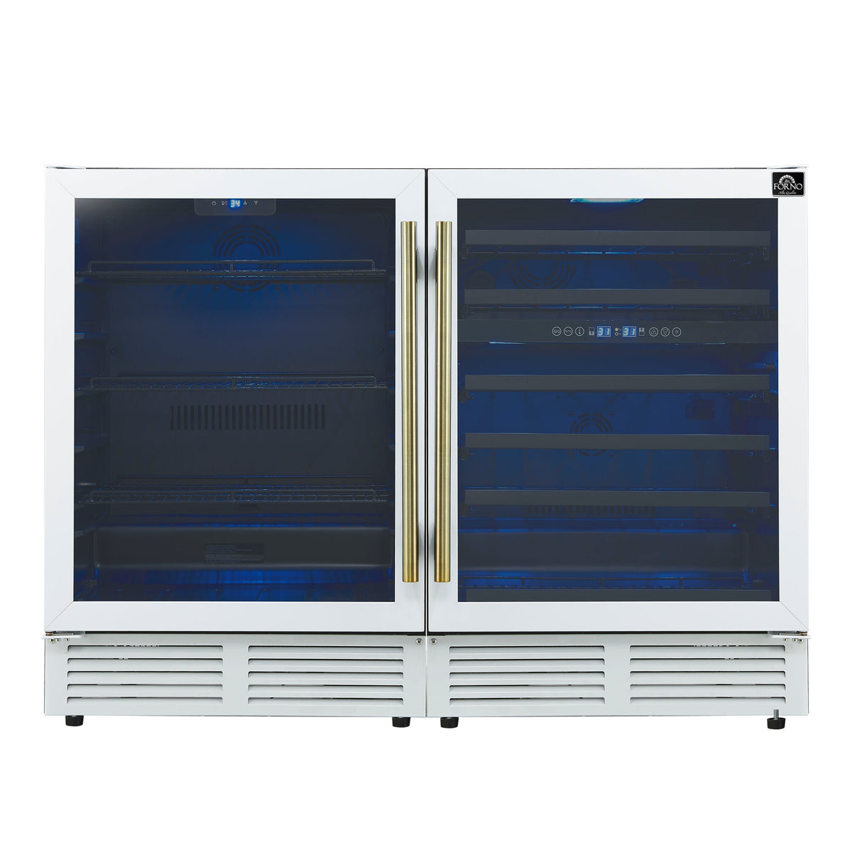 FORNO Gemello 48-Inch Side-by-Side Wine & Beverage Cooler, White with Antique Brass Handles (FWCDR6699-48WHT)