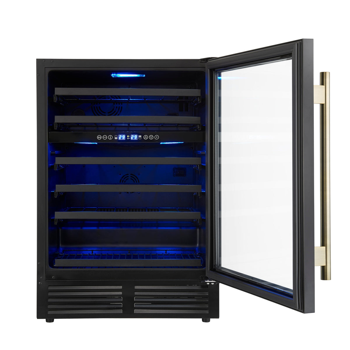FORNO Bacchino 24-Inch Dual Zone Wine Cooler, 51-Bottle Capacity, Triple-Glass Door, Black with Antique Brass Accents (FWCDR6634-24KBLK)
