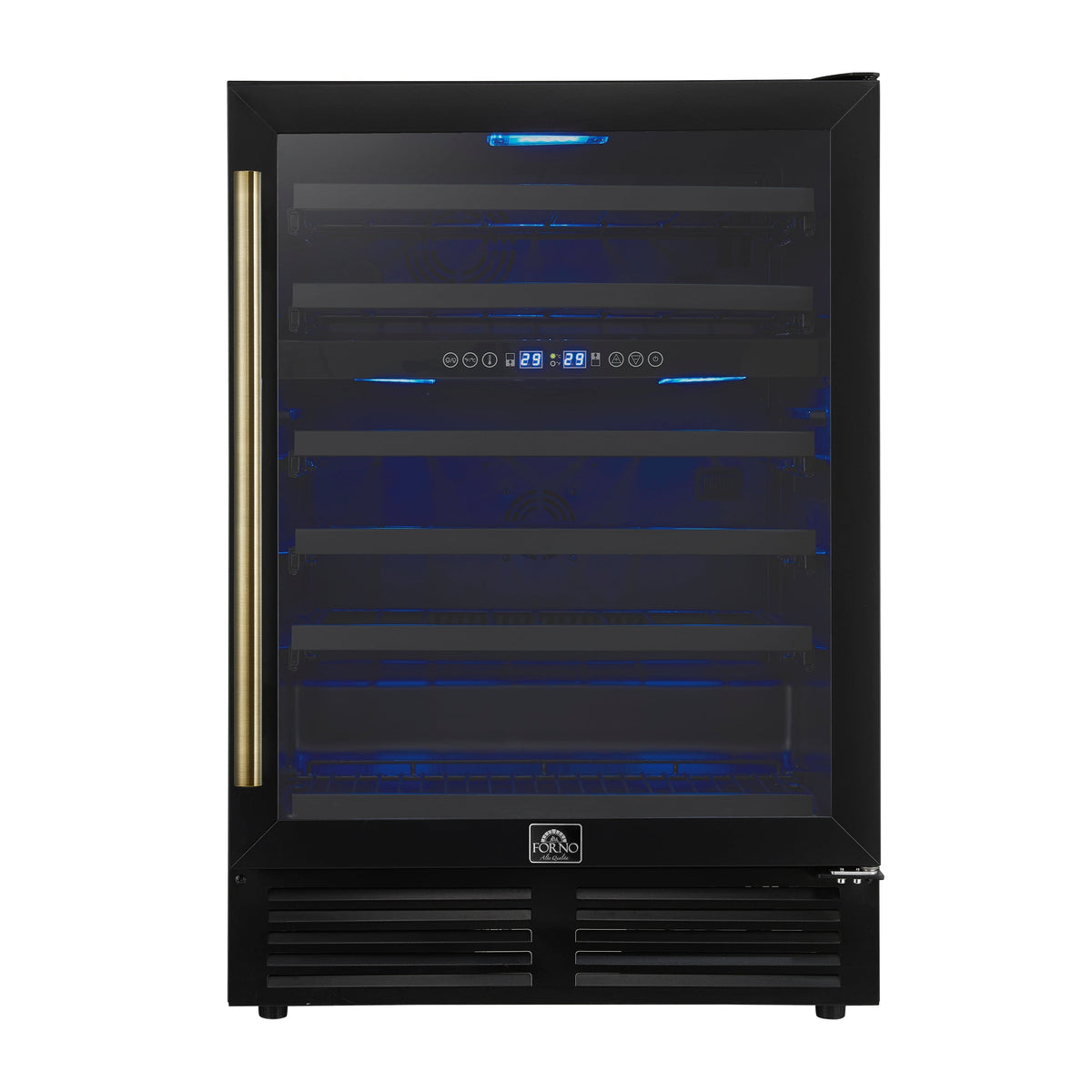 FORNO Bacchino 24-Inch Dual Zone Wine Cooler, 51-Bottle Capacity, Triple-Glass Door, Black with Antique Brass Accents (FWCDR6634-24KBLK)