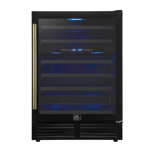 FORNO Bacchino 24-Inch Dual Zone Wine Cooler, 51-Bottle Capacity, Triple-Glass Door, Black with Antique Brass Accents (FWCDR6634-24KBLK)