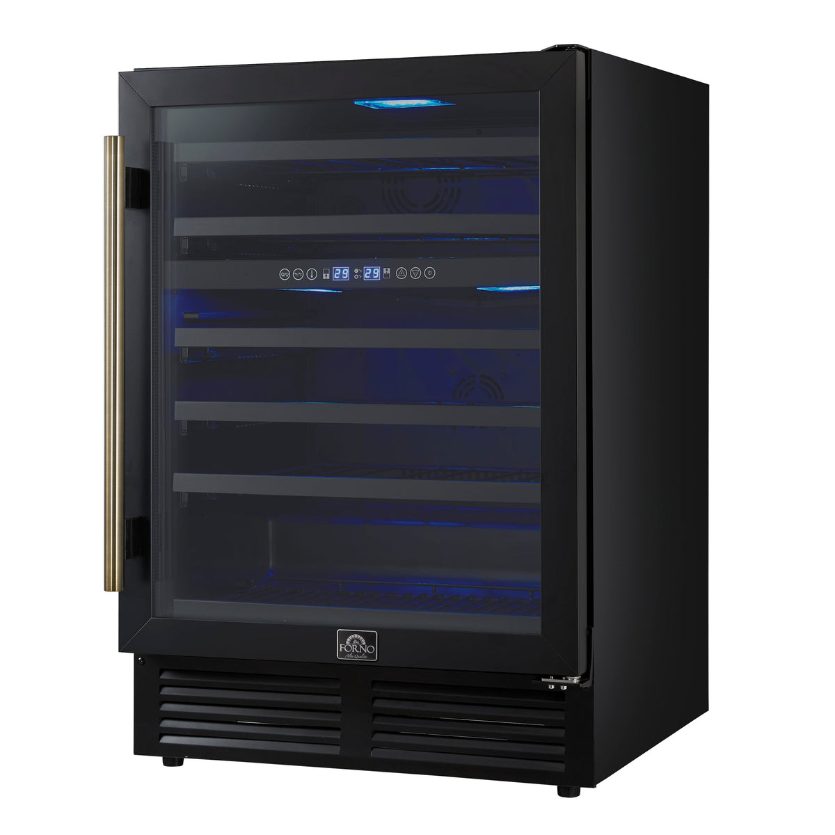 FORNO Bacchino 24-Inch Dual Zone Wine Cooler, 51-Bottle Capacity, Triple-Glass Door, Black with Antique Brass Accents (FWCDR6634-24KBLK)