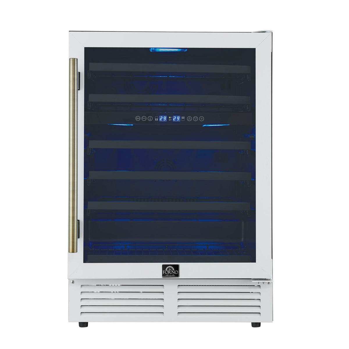 FORNO Bacchino 24-Inch Dual Zone Wine Cooler, 51-Bottle Capacity, Triple-Glass Door, LED Interior Lighting, White with Antique Brass Accents (FWCDR6634-24WHT)