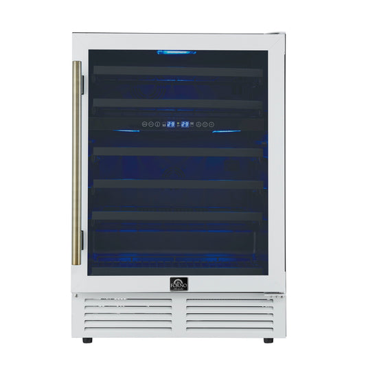 FORNO Bacchino 24-Inch Dual Zone Wine Cooler, 51-Bottle Capacity, Triple-Glass Door, LED Interior Lighting, White with Antique Brass Accents (FWCDR6634-24WHT)