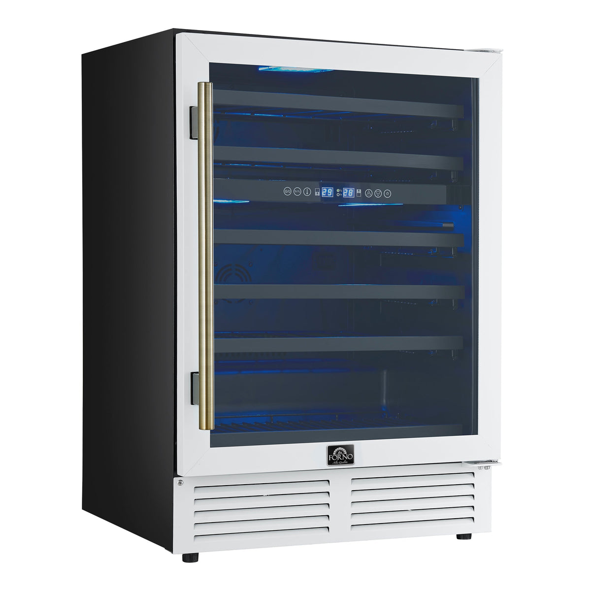 FORNO Bacchino 24-Inch Dual Zone Wine Cooler, 51-Bottle Capacity, Triple-Glass Door, LED Interior Lighting, White with Antique Brass Accents (FWCDR6634-24WHT)