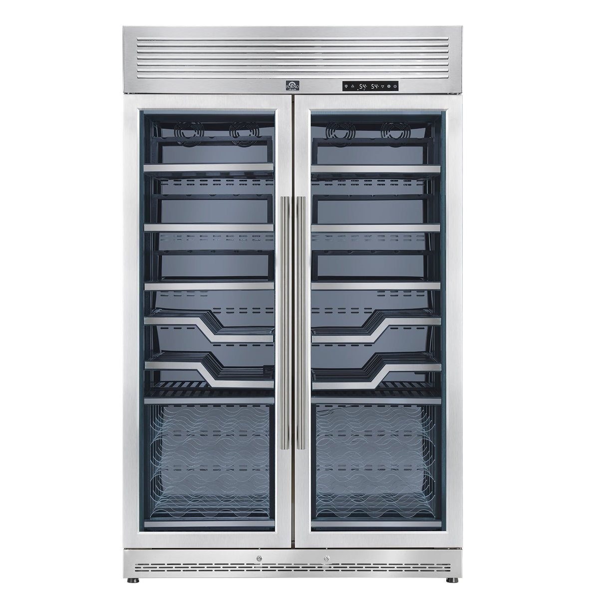 FORNO Abruzzo 48-Inch Dual Zone Wine Cooler, 24 cu.ft., 102-Bottle Capacity, Black Shelves with Green Acrylic Holders (FWCDR6610-48S)