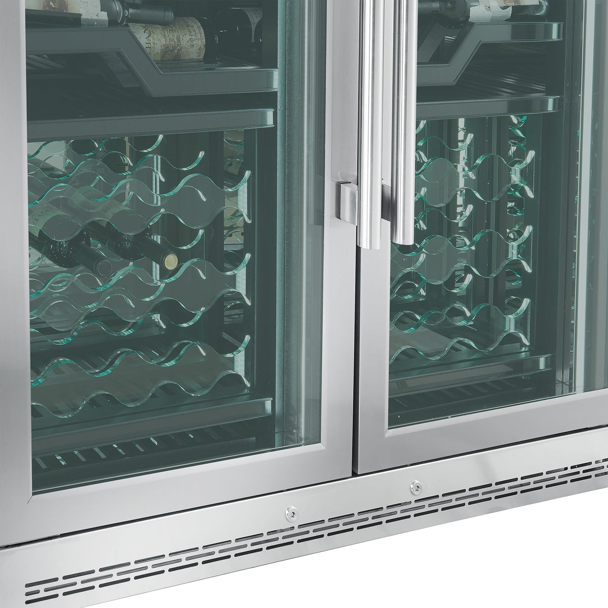 FORNO Abruzzo 48-Inch Dual Zone Wine Cooler, 24 cu.ft., 102-Bottle Capacity, Black Shelves with Green Acrylic Holders (FWCDR6610-48S)