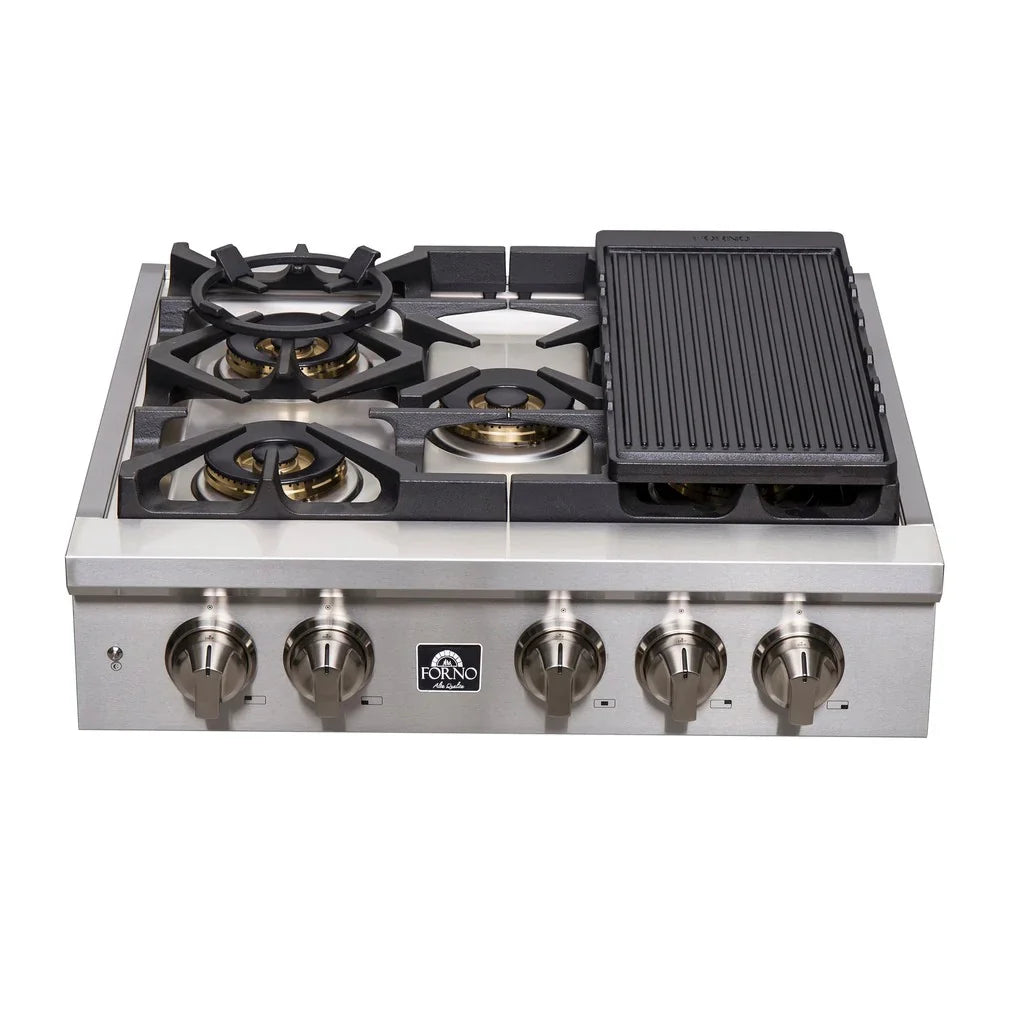 Forno Spezia 30-Inch Gas Rangetop with 5 Burners, Wok Ring and Griddle, Stainless Steel (Model FCTGS5751-30)
