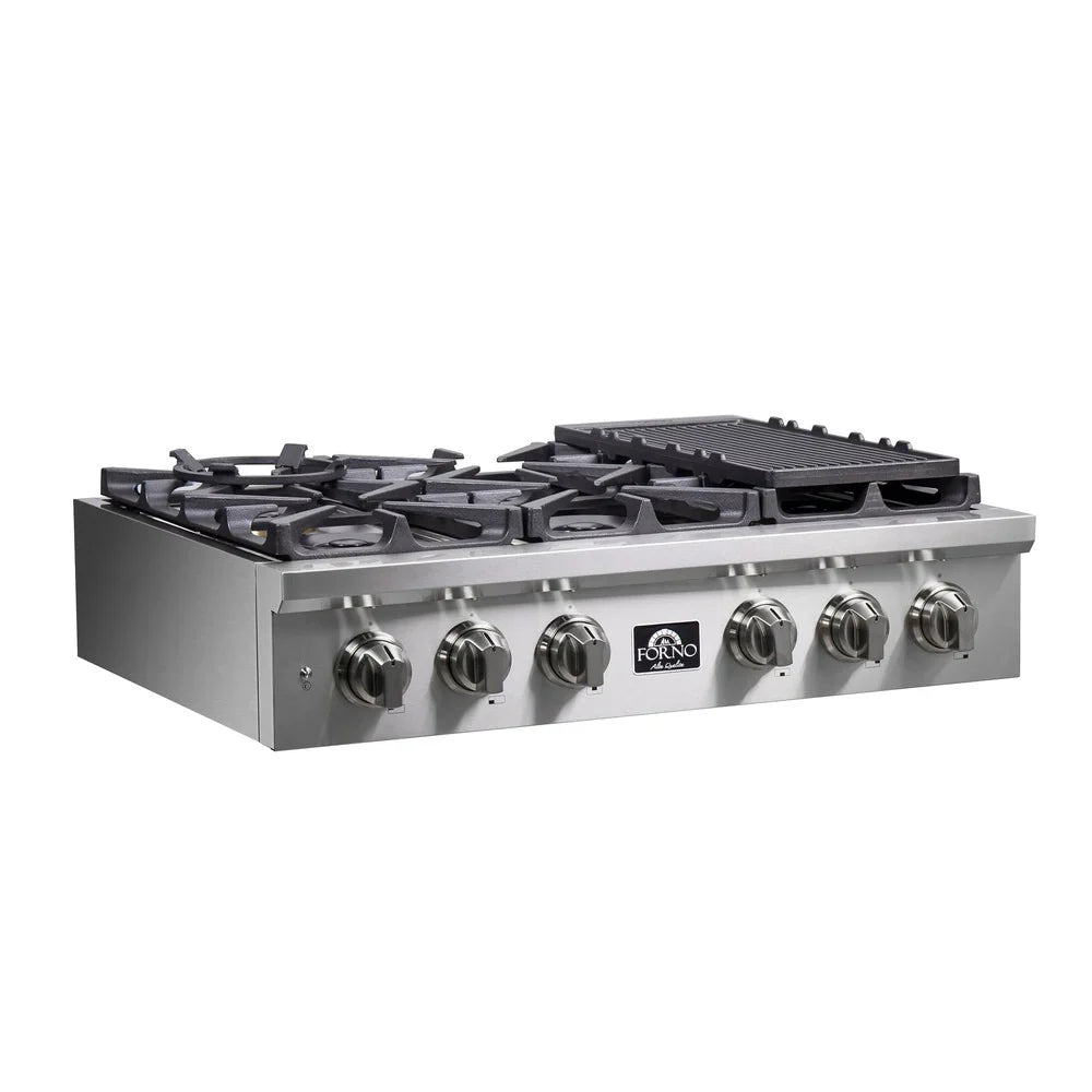 Forno Spezia 36-Inch Gas Rangetop with 6 Burners, Wok Ring, Griddle, Stainless Steel (FCTGS5751-36)