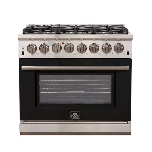 Forno Capriasca 36-Inch Dual Fuel Range, 5.36 cu. ft. Oven, 6 Burners, Black, Model FFSGS6187-36BLK