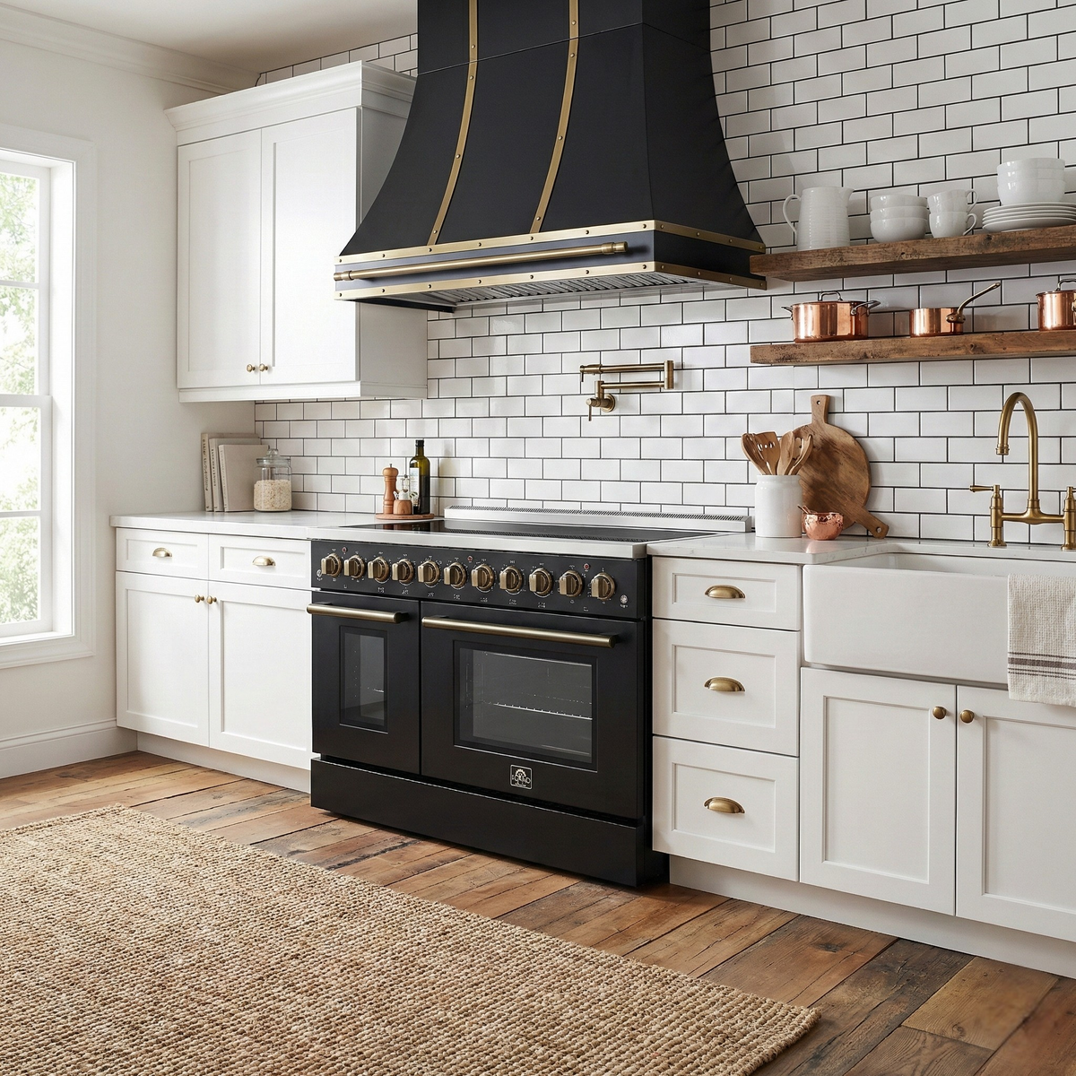 Forno Paolo 48-Inch Freestanding Electric Range, 6.7 cu. ft. True Convection Oven, Black with Antique Brass Accents (Model FFSEL6011-48BLK)