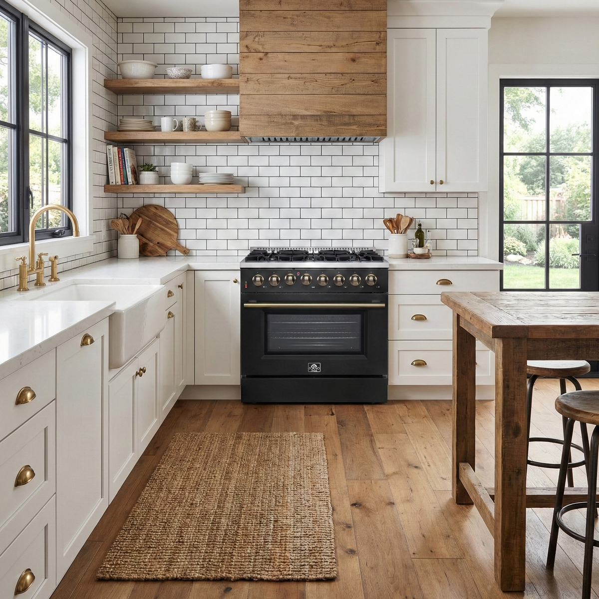 Forno Galiano 36-Inch Dual Fuel Range, 6 Sealed Brass Burners, 5.36 cu. ft. Convection Oven, Black Stainless Steel with Antique Brass Accents, Model FFSGS6156-36BLK