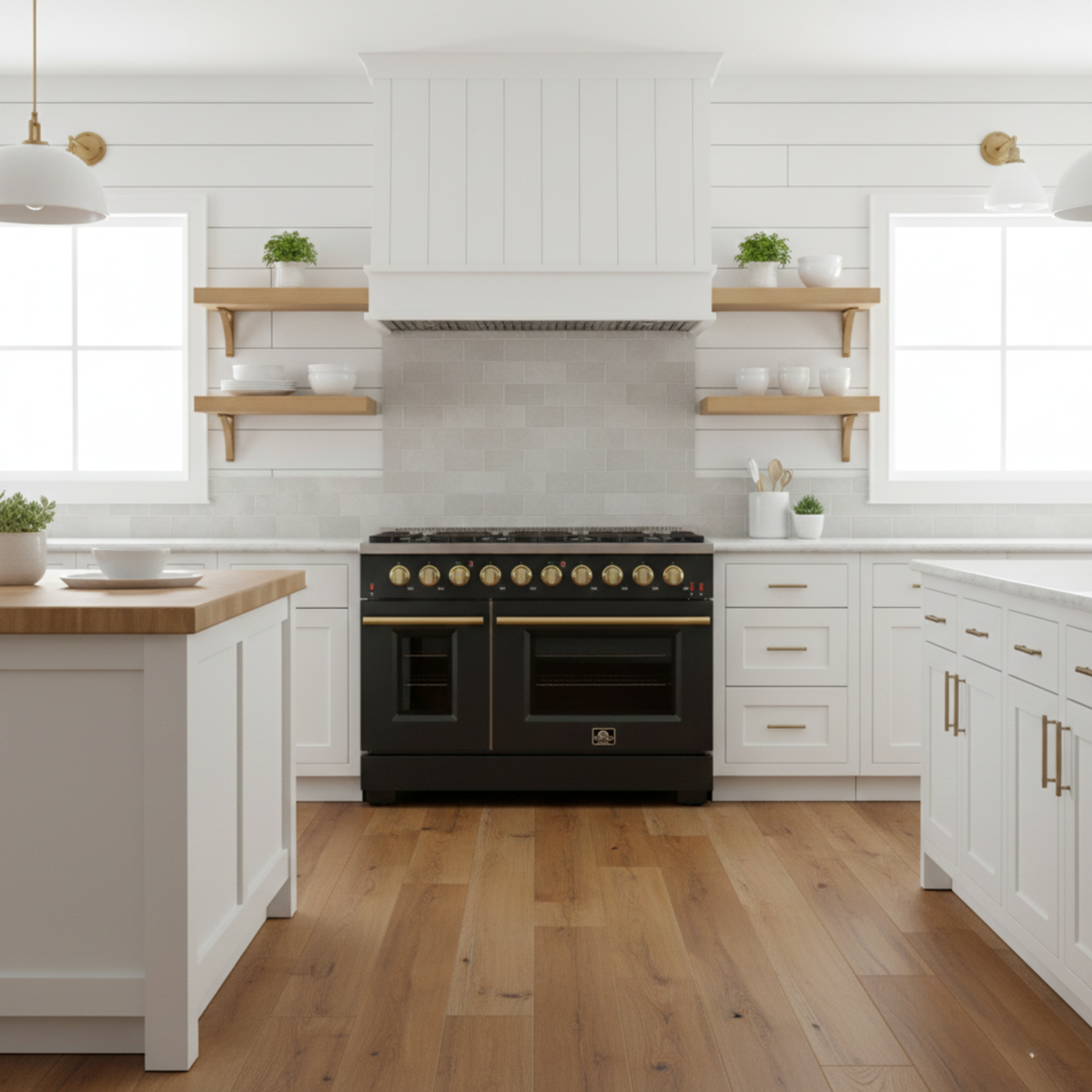 Forno Galiano 48-Inch Gas Range, 6.58 cu. ft. Double Oven, 8 Sealed Burners, Griddle, Black with Antique Brass Accents (Model FFSGS6244-48BLK)