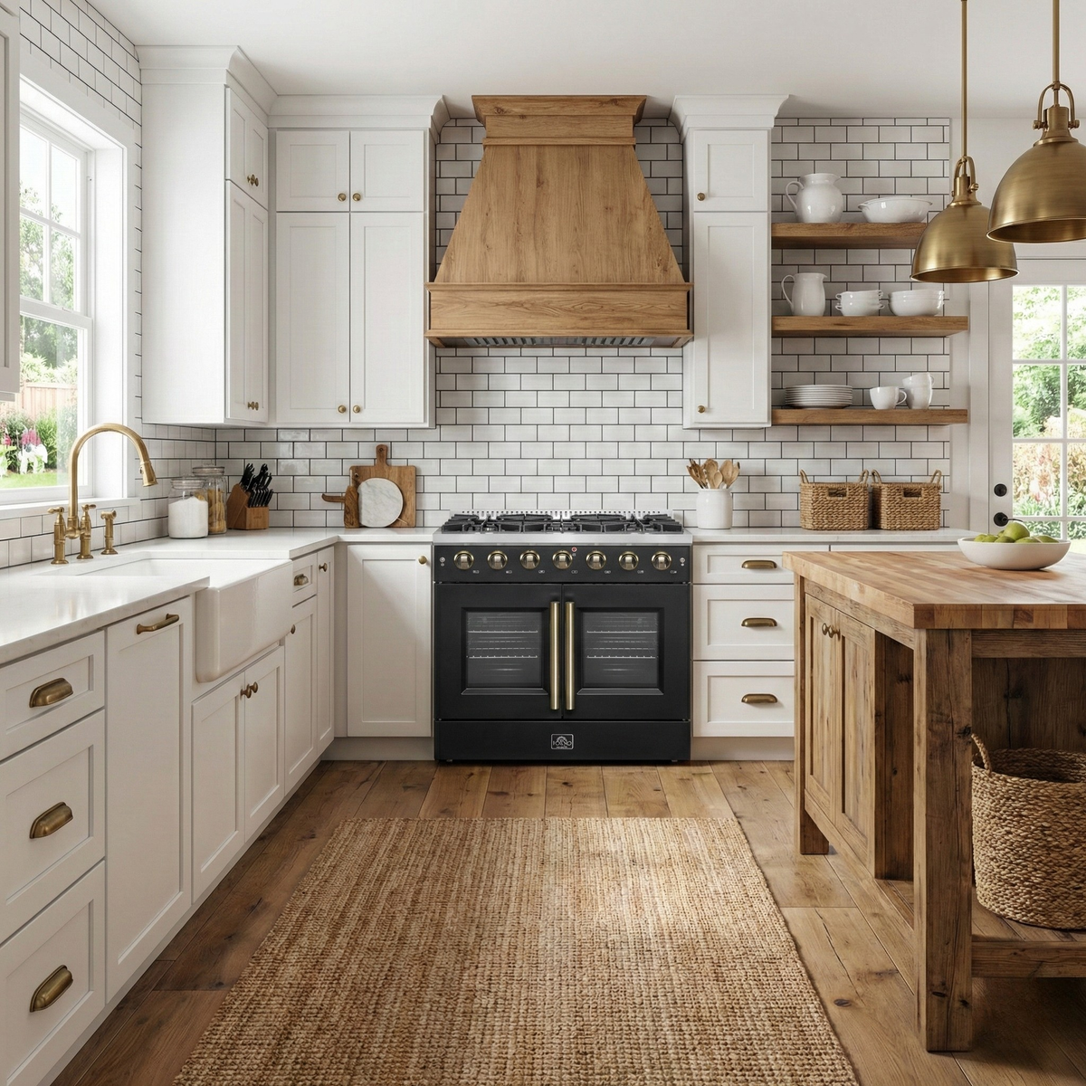 Forno Galiano 36-Inch French Door Gas Range, 5.36 cu. ft. Oven, 6 Sealed Burners, Black with Antique Brass Accents (Model FFSGS6444-36BLK)