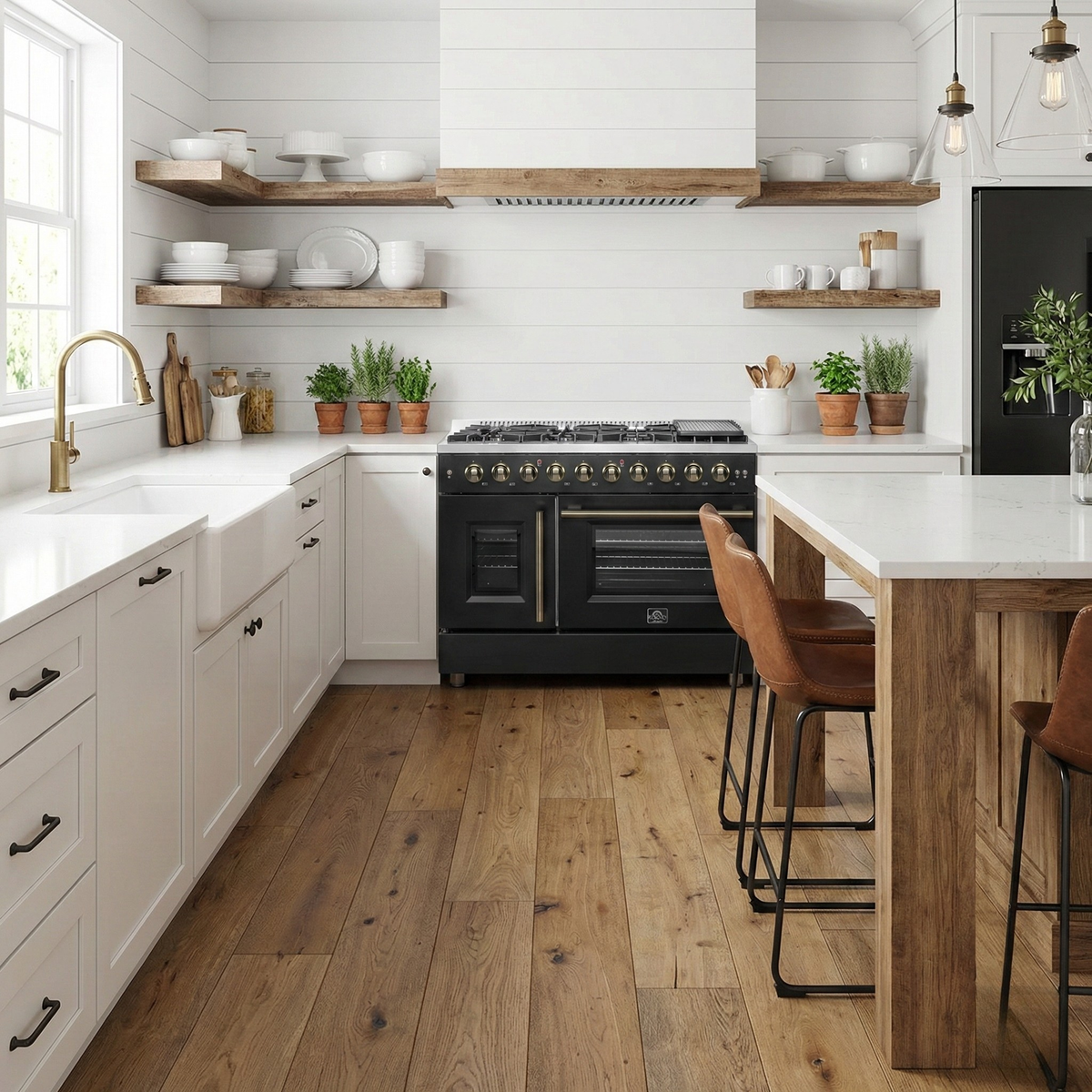 Forno Galiano 48-Inch Gas Range with French Door, 8 Sealed Burners and Griddle, 6.58 cu. ft. Oven, Black with Antique Brass Accents (Model FFSGS6444-48BLK)