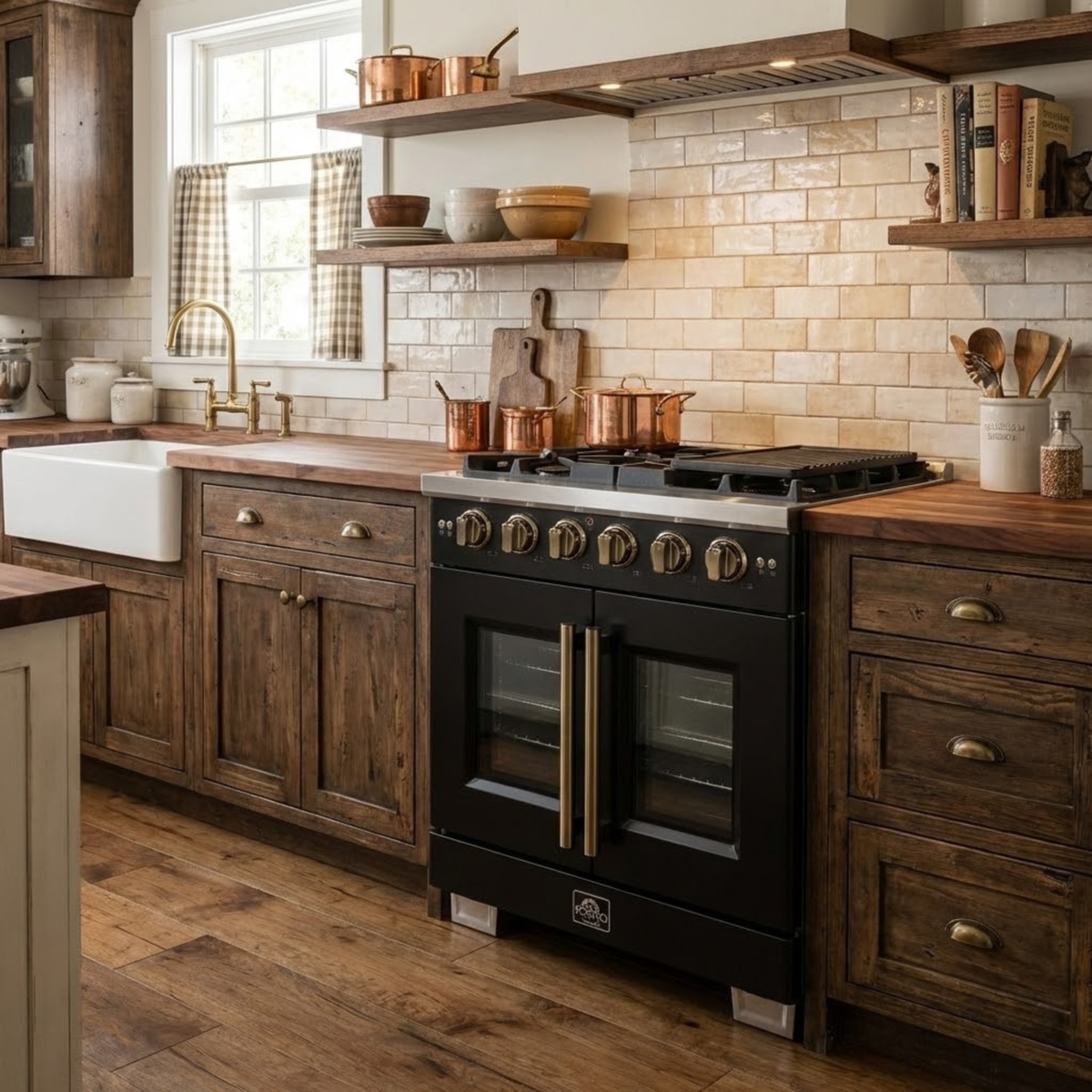 Forno Capriasca 30-Inch French Door Gas Range, 4.32 cu. ft., 5 Sealed Burners, Air Fryer Kit, Rotisserie Kit, Wok Support, Griddle, Black with Antique Brass Accents (FFSGS6460-30BLK)