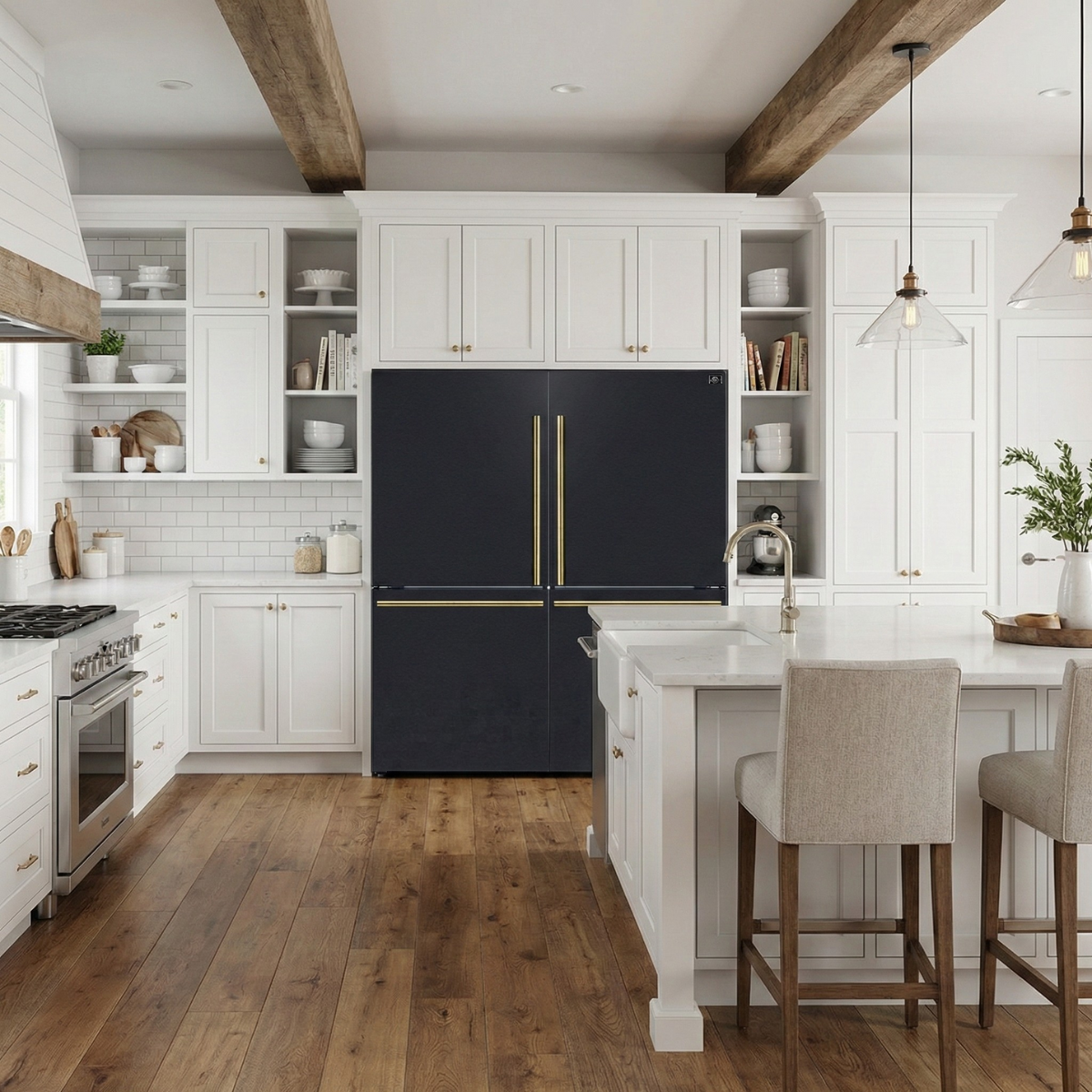 Forno Espresso Milano 62-Inch Side-by-Side Refrigerator, 34.4 cu ft, Ice Maker, Black Finish with Antique Brass Handles (Model FFFFD1787-60BLK)