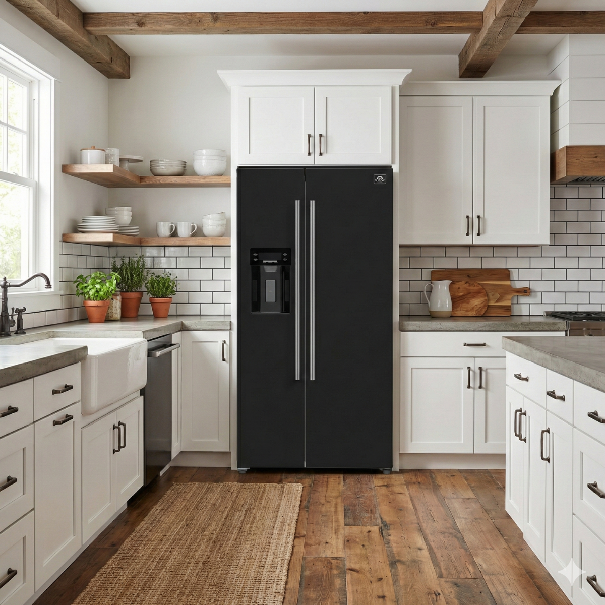 Forno Salerno 36-Inch Side-by-Side Refrigerator, 20 cu. ft., Water & Ice Dispenser, Black with Stainless Steel Handles, FFRBI1844-36BLK