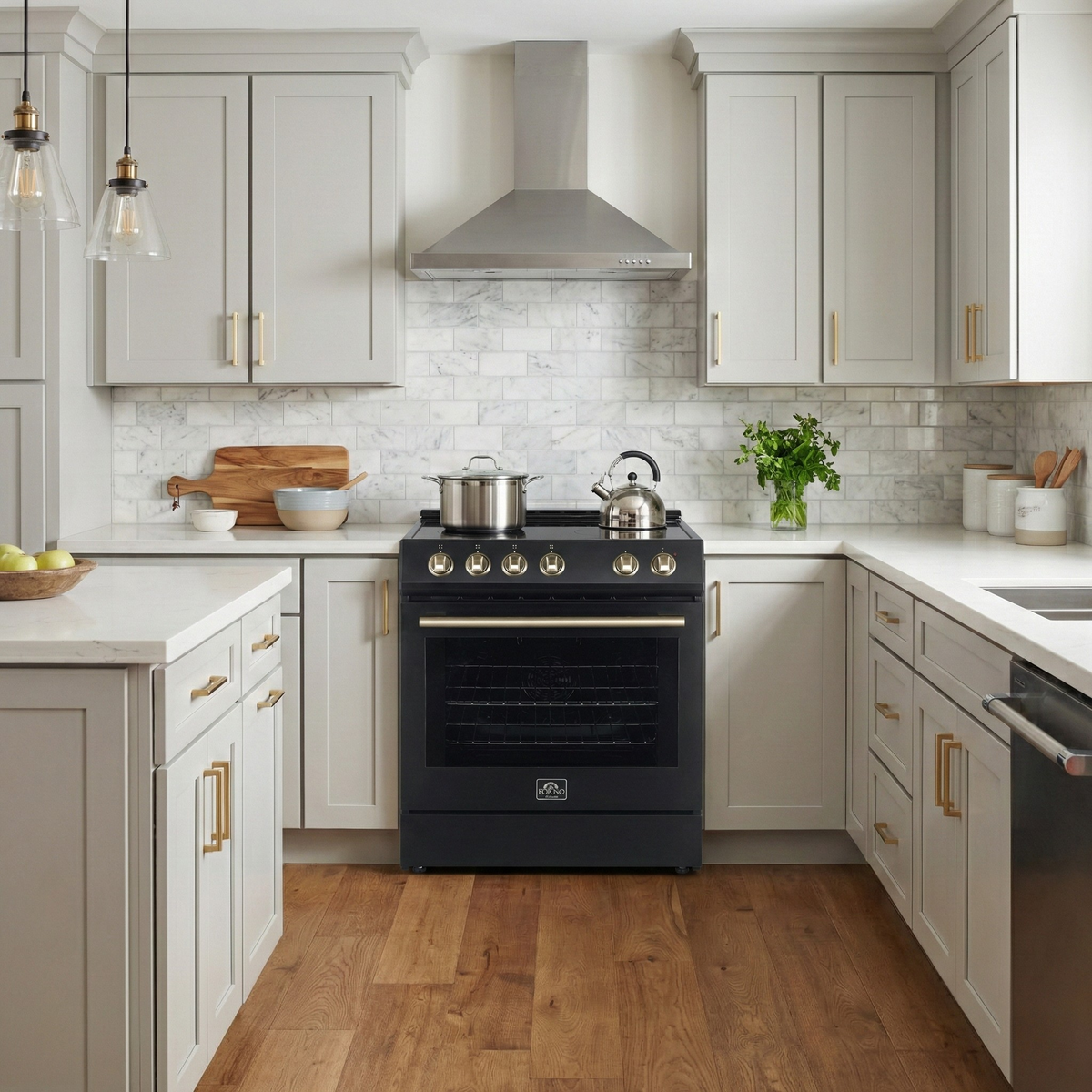 Forno Espresso Leonardo 30 in. 5.0 cu. ft. Freestanding Electric Range in Black with Antique Brass Handles (Model FFSEL6012-30BLK)