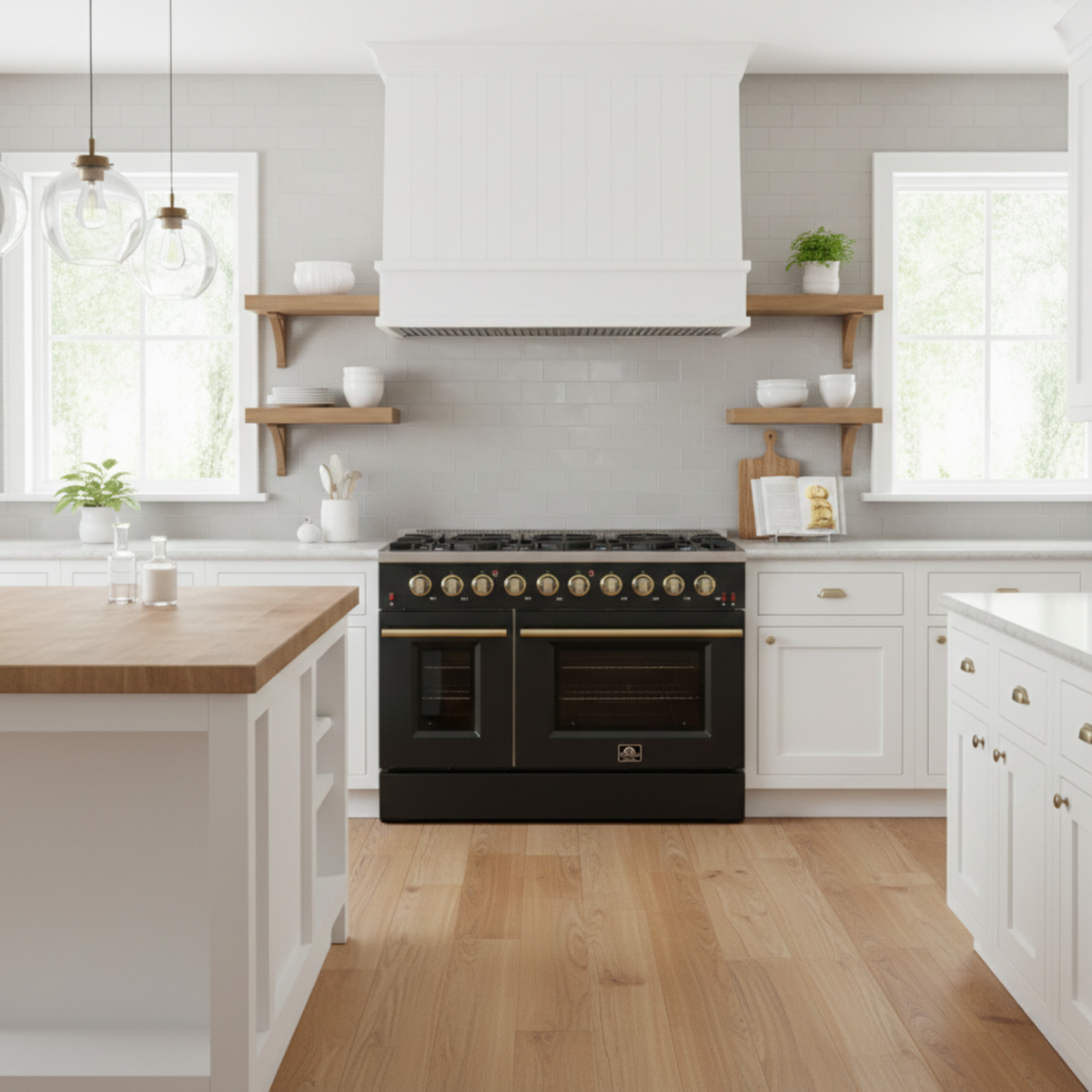 Forno Galiano 48-Inch Gas Range, 6.58 cu. ft. Double Oven, 8 Sealed Burners, Griddle, Black with Antique Brass Accents (Model FFSGS6244-48BLK)