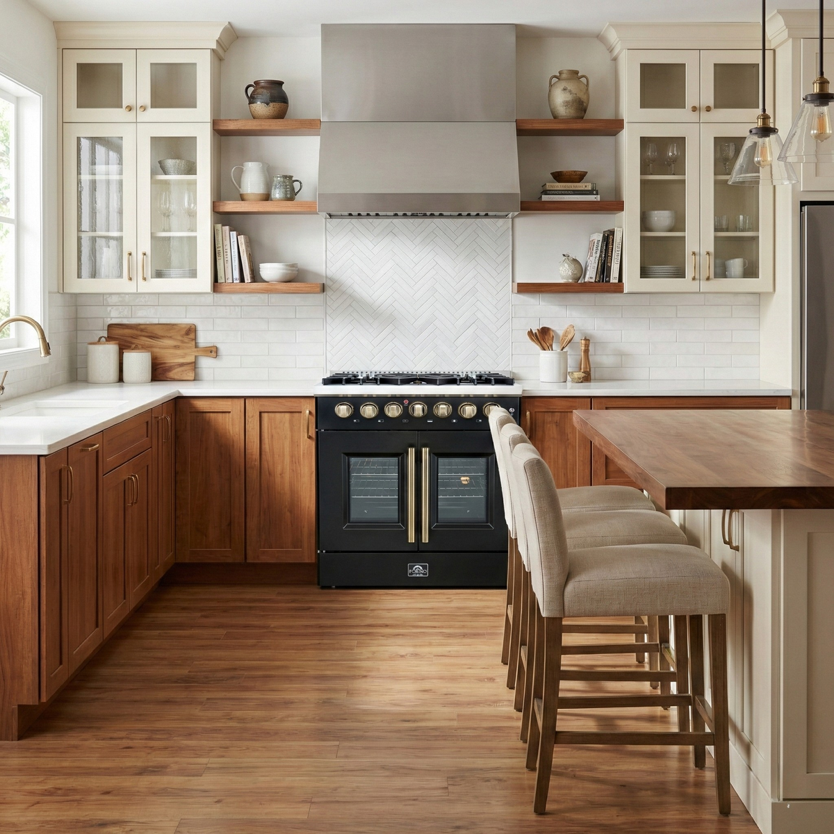 Forno Galiano 30-Inch Dual Fuel Range, 4.32 cu. ft., 5 Sealed Burners, French Door Oven, Black with Antique Brass Accents (Model FFSGS6356-30BLK)