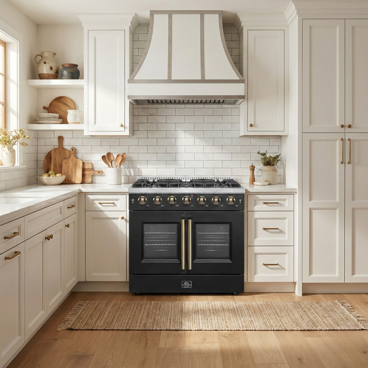 Forno Galiano 36-Inch French Door Gas Range, 5.36 cu. ft. Oven, 6 Sealed Burners, Black with Antique Brass Accents (Model FFSGS6444-36BLK)