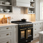 Forno Capriasca 30-Inch French Door Gas Range, 4.32 cu. ft., 5 Sealed Burners, Air Fryer Kit, Rotisserie Kit, Wok Support, Griddle, Black with Antique Brass Accents (FFSGS6460-30BLK)