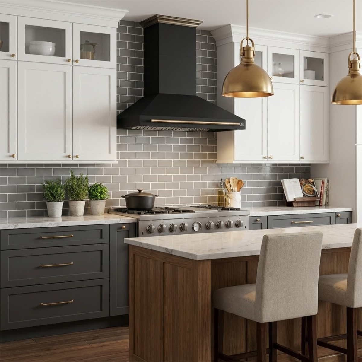 FORNO Aria 48-Inch Wall-Mount Range Hood, 1200 CFM, Black with Antique Brass Accents (Model FRHWM5095-48BLK)