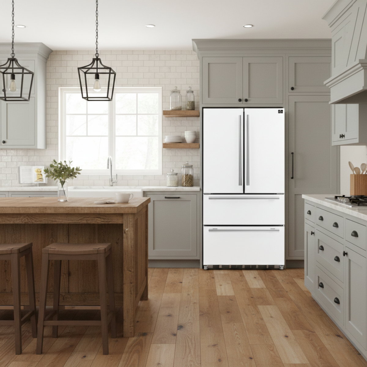 Forno Espresso Moena 36 in Counter-Depth French Door Refrigerator, 19.2 cu ft, White, with Ice Maker and Stainless Steel Handles (FFRBI1820-36WHT)