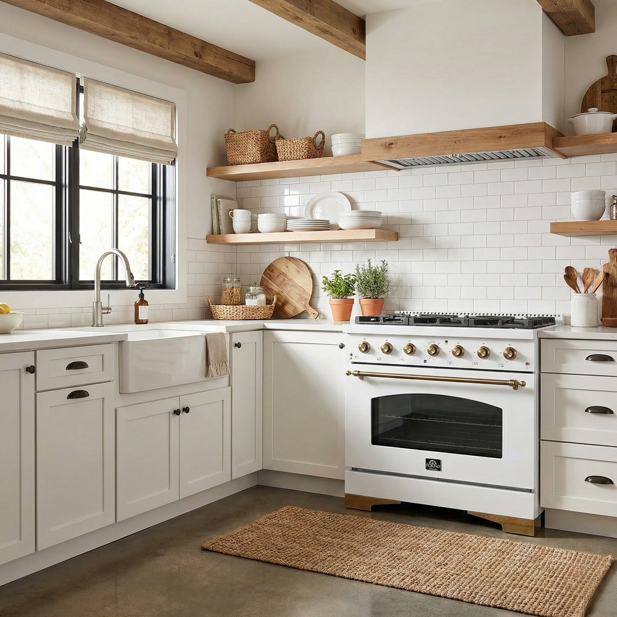 Forno Antico 36-Inch Dual Fuel Range, 4.5 cu. ft. Oven, 6 Sealed Burners, White with Antique Brass Accents (Model FFSGS6113-36WHT)