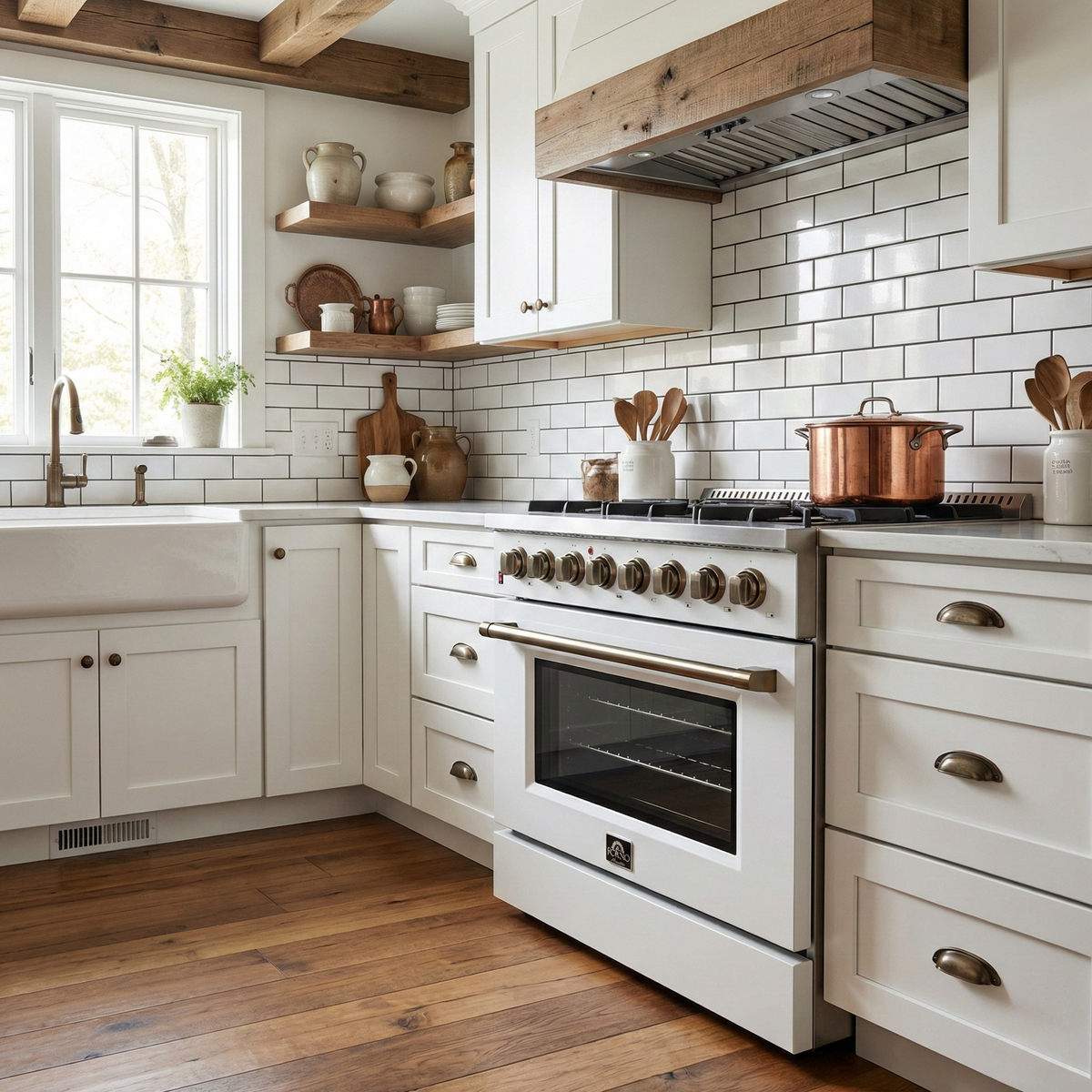Forno Galiano 36-Inch Dual Fuel Range, 6 Sealed Brass Burners, 5.36 cu. ft. Convection Oven, White Stainless Steel with Antique Brass Accents, Model FFSGS6156-36WHT