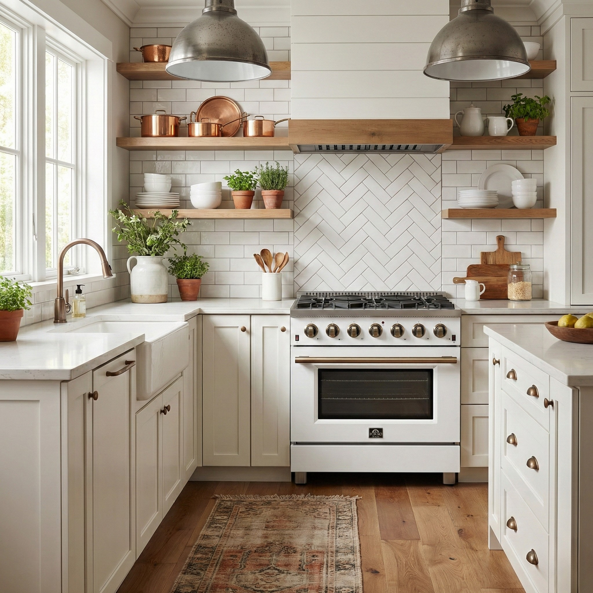 Forno Galiano 36 Inch Gas Range, 5.36 cu. ft. Oven, 6 Sealed Burners, White with Antique Brass Accents, Model FFSGS6244-36WHT