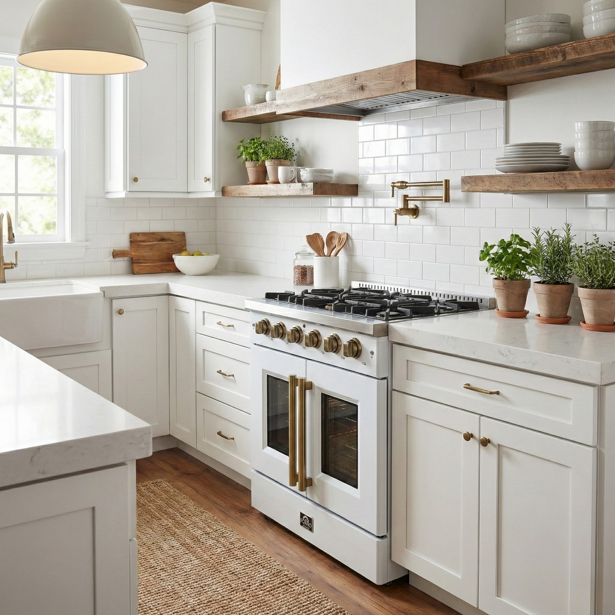 FORNO Galiano 30" French Door Gas Range, 4.32 cu. ft. Oven, 5 Sealed Burners, White Finish with Antique Brass Accents (Model FFSGS6444-30WHT)