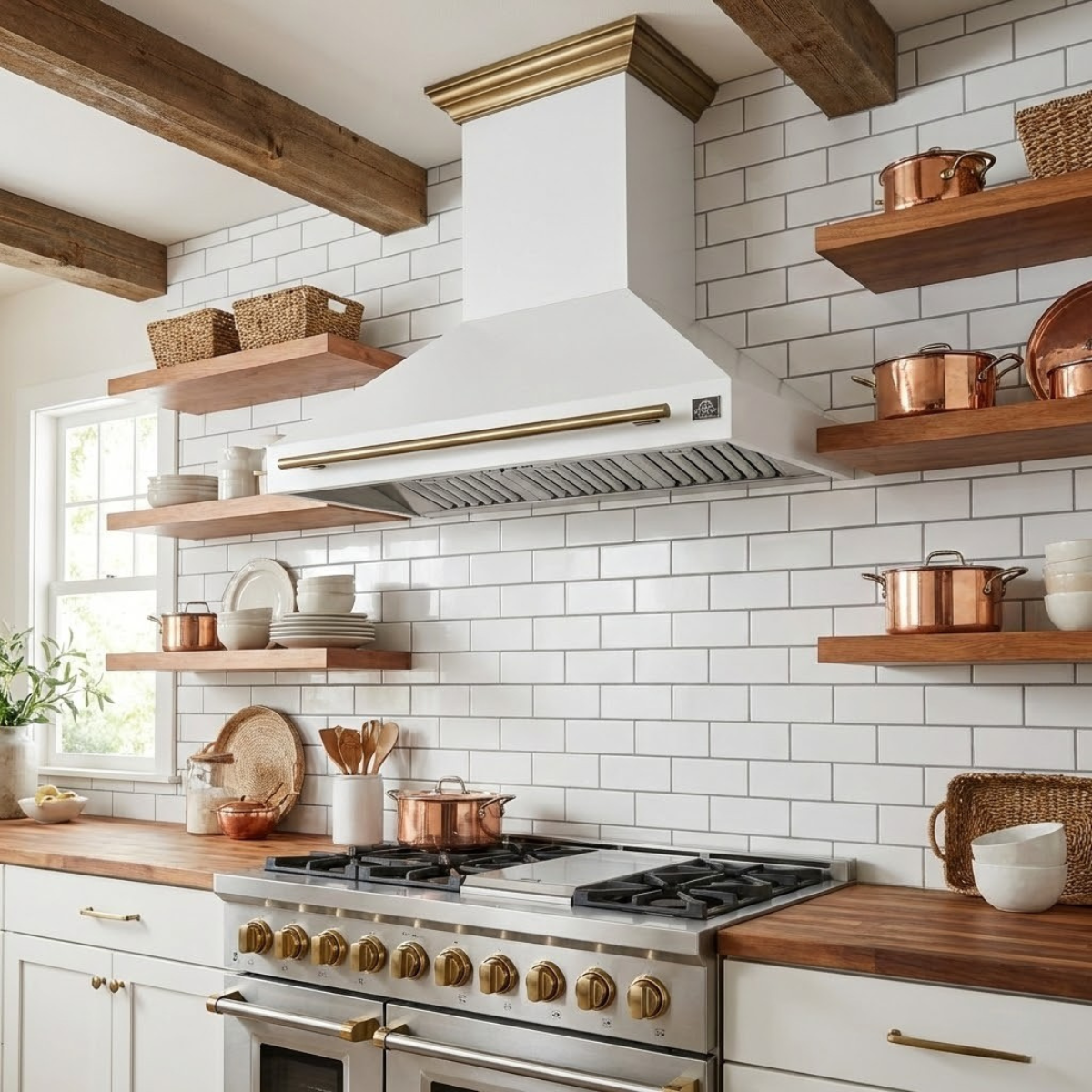 Forno Aria 48-Inch Wall-Mount Range Hood, 1200 CFM, White with Antique Brass Accents (Model FRHWM5095-48WHT)