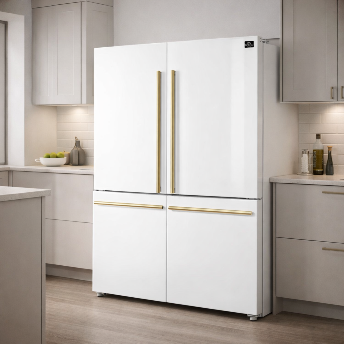 FORNO Espresso Milano 62 in. 34.4 cu. ft. Side-by-Side Refrigerator with Ice Maker, White with Antique Brass Accents (Model FFFFD1787-60WHT)