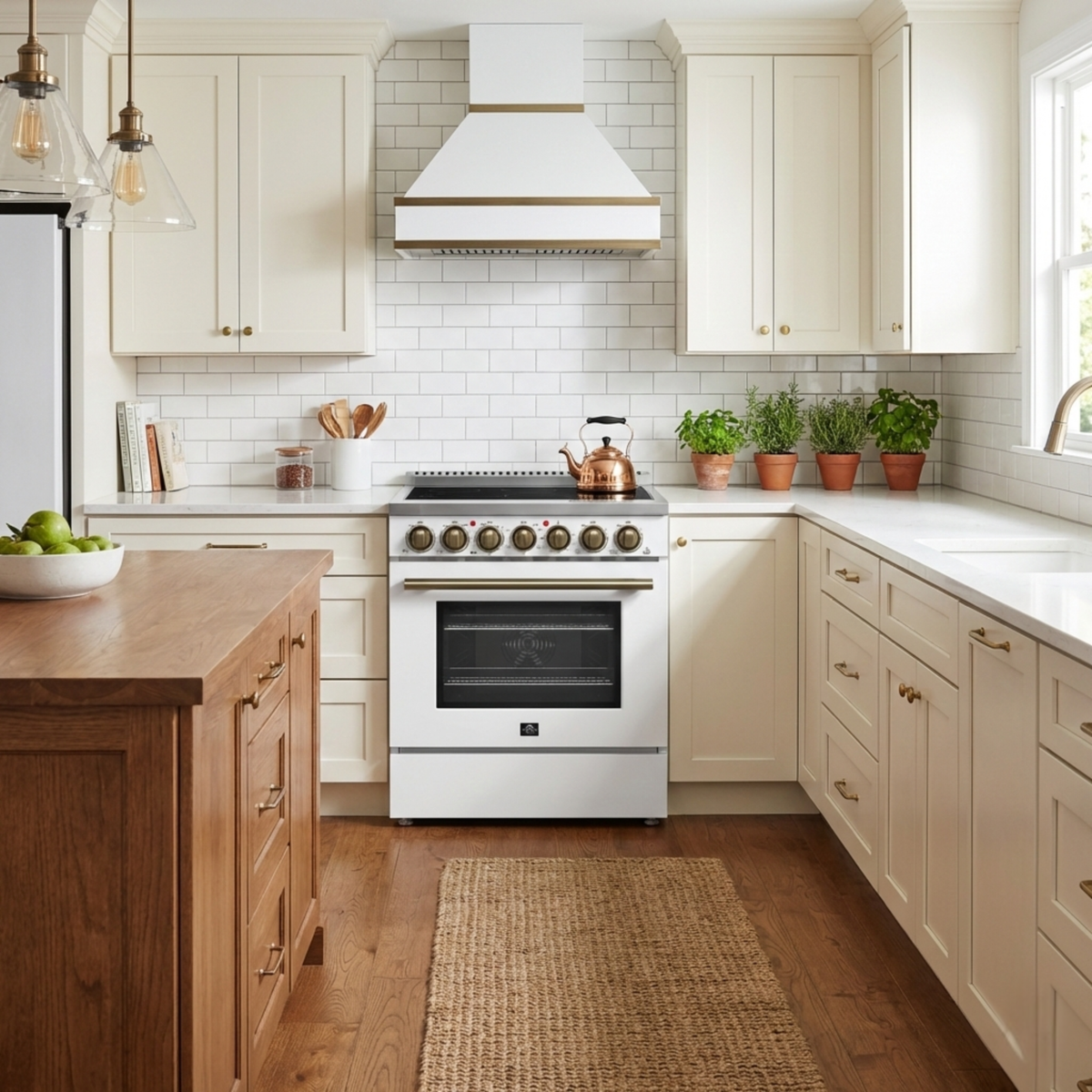 Forno Paolo 30-Inch Freestanding Electric Range, 4.38 cu. ft. Oven Capacity, White Finish with Antique Brass Handles, Model FFSEL6011-30WHT