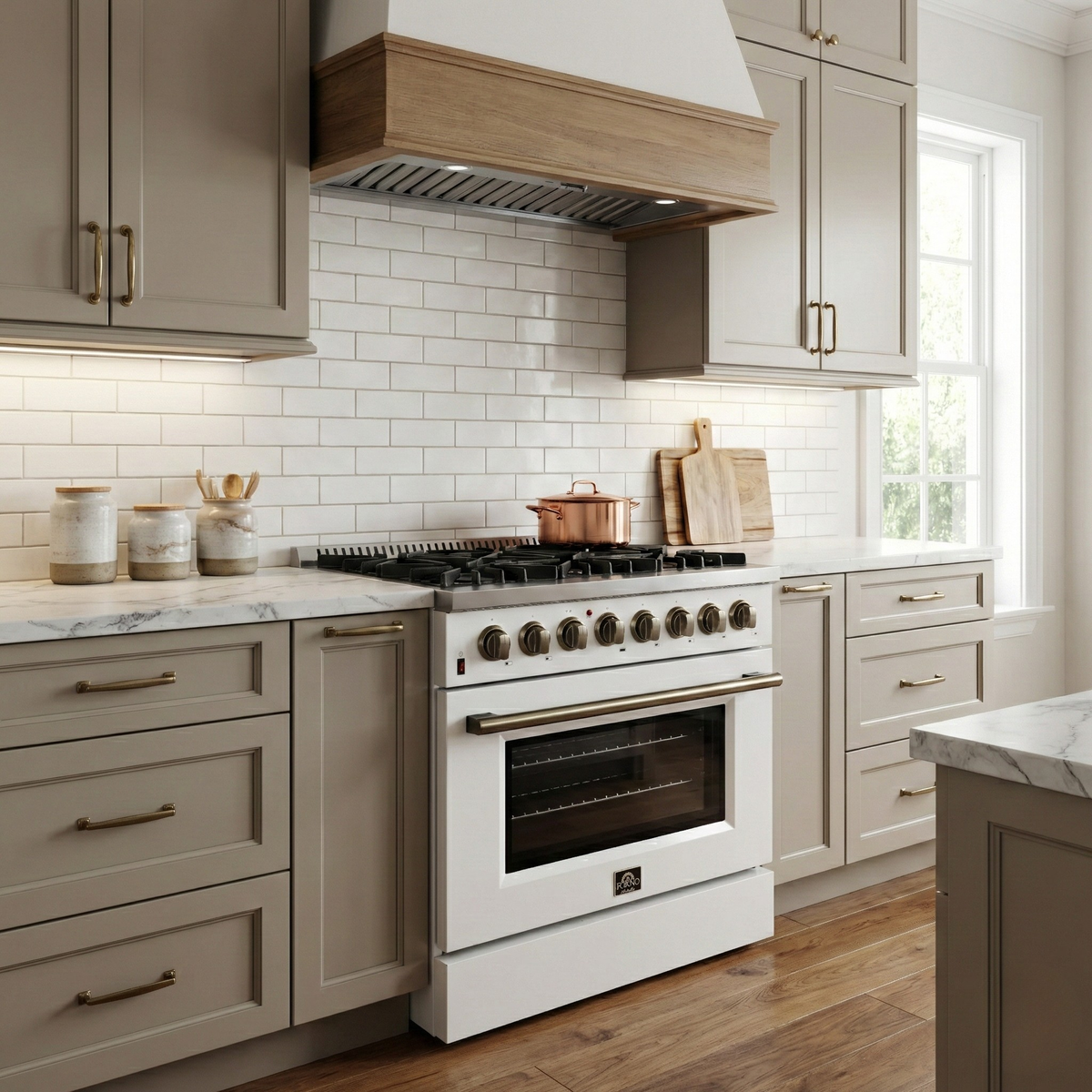 Forno Galiano 36-Inch Dual Fuel Range, 6 Sealed Brass Burners, 5.36 cu. ft. Convection Oven, White Stainless Steel with Antique Brass Accents, Model FFSGS6156-36WHT