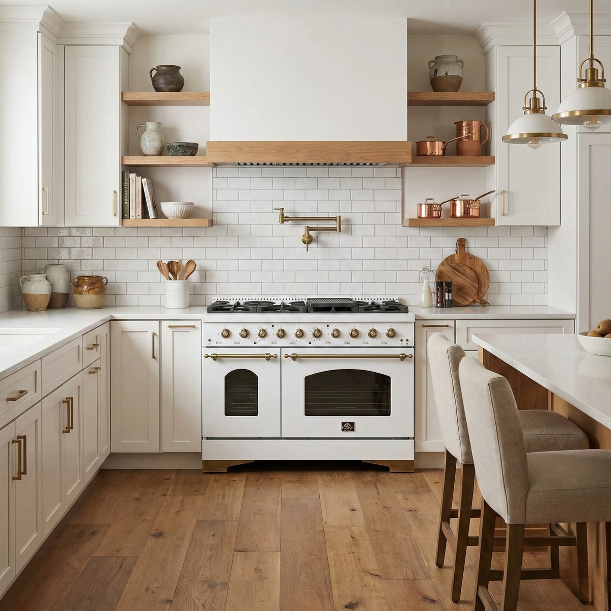 FORNO Antico 48-Inch Freestanding Gas Range, 8 Sealed Burners, Griddle, 5.5 cu. ft. Oven, White with Antique Brass Accents (FFSGS6219-48WHT)