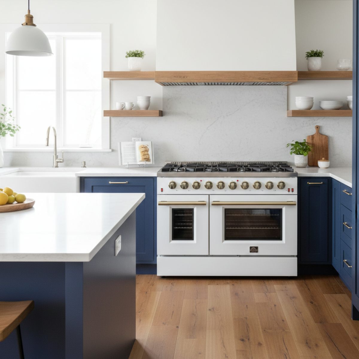Forno Galiano 48-Inch Gas Range, 8 Sealed Brass Burners with Built-In Griddle, 6.58 cu. ft. Double Oven, White Stainless Steel with Antique Brass Accents, Model FFSGS6244-48WHT